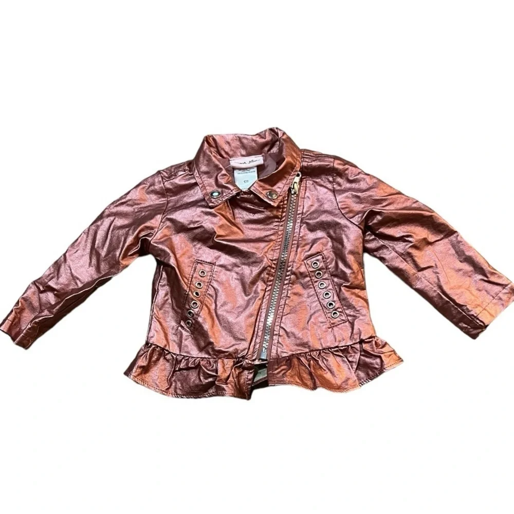 Little Lass Metallic Rose Gold Faux Leather Long Sleeve Jacket Size 12M